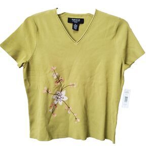 Parisian Signature Petite Ribbed Embroidered Floral Knit Top Size LP NWT